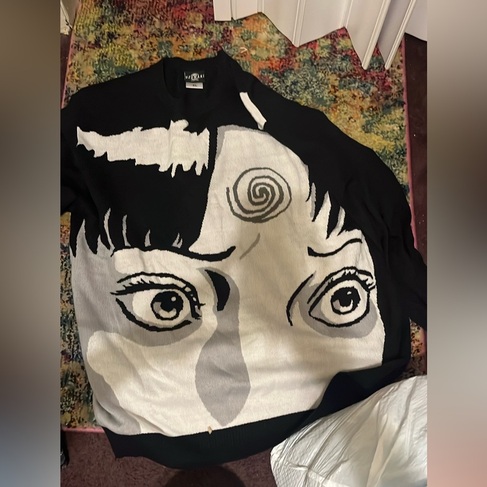 White and blue tie dye crop top with anime on front